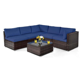 6 Pcs Rattan Patio Sectional Sofa Set Outdoor Conversation Furniture Set with Cushions & Glass Coffee Table