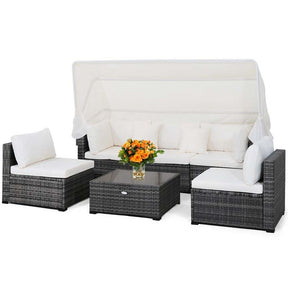 6 Pcs Rattan Patio Sectional Furniture Set Outdoor Safa Couch Set with Retractable Canopy & Cushions
