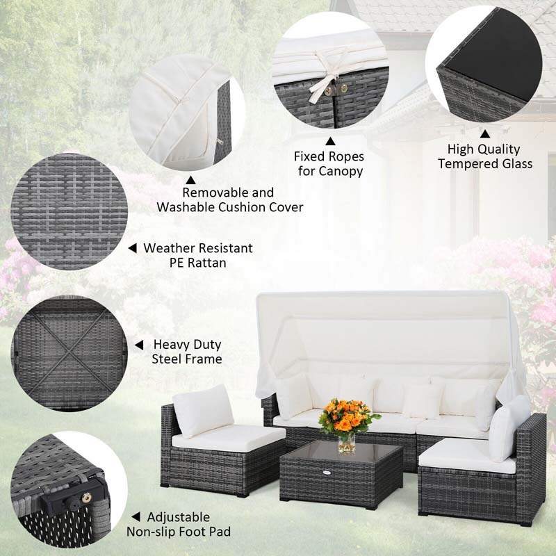6 Pcs Rattan Patio Sectional Furniture Set Outdoor Safa Couch Set with Retractable Canopy & Cushions