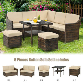 6 Pcs Rattan Patio Dining Furniture Sectional Corner Sofa Set with Dining Table & 2 Ottomans