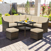 6 Pcs Rattan Patio Dining Furniture Sectional Corner Sofa Set with Dining Table & 2 Ottomans