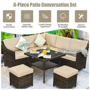 Canada Only - 6 Pcs Rattan Patio Dining Corner Sofa Funiture Set with 2 Ottomans