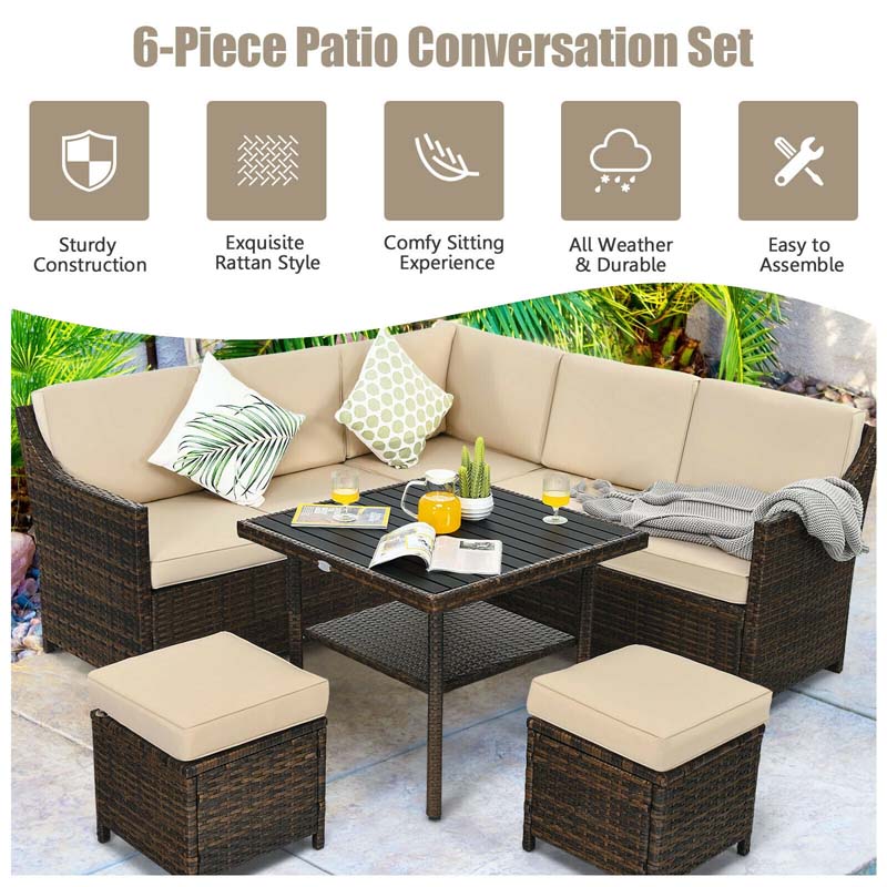 6 Pcs Rattan Patio Dining Furniture Sectional Corner Sofa Set with Dining Table & 2 Ottomans