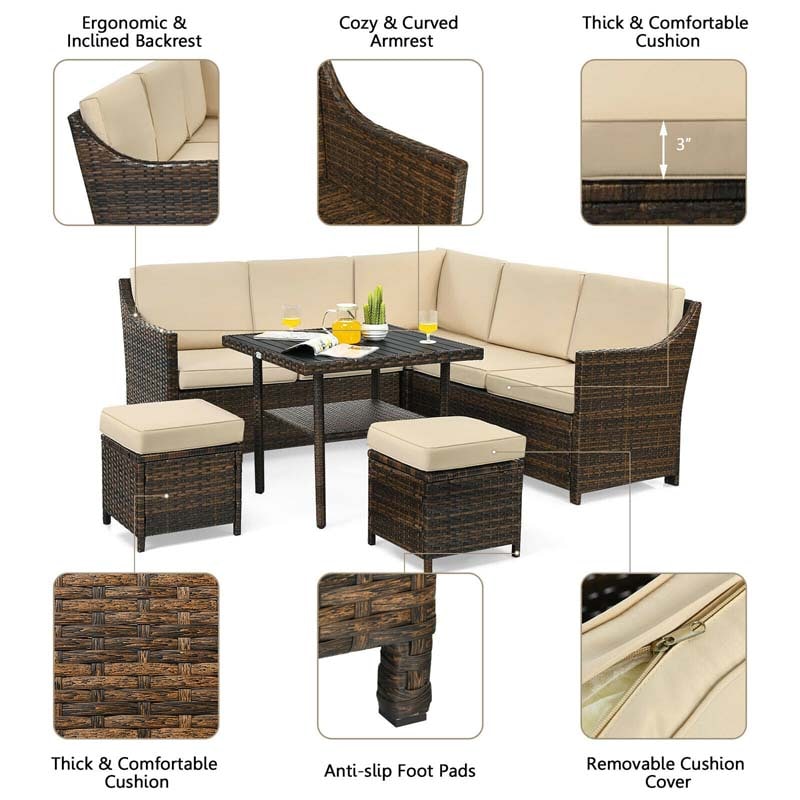 Canada Only - 6 Pcs Rattan Patio Dining Corner Sofa Funiture Set with 2 Ottomans
