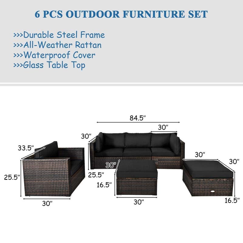 6 Pcs Patio Rattan Sectional Furniture Set Outdoor Conversation Sofa Set with Cushions