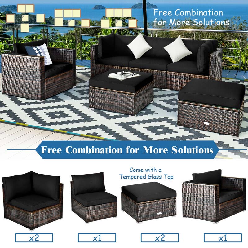 6 Pcs Patio Rattan Sectional Furniture Set Outdoor Conversation Sofa Set with Cushions