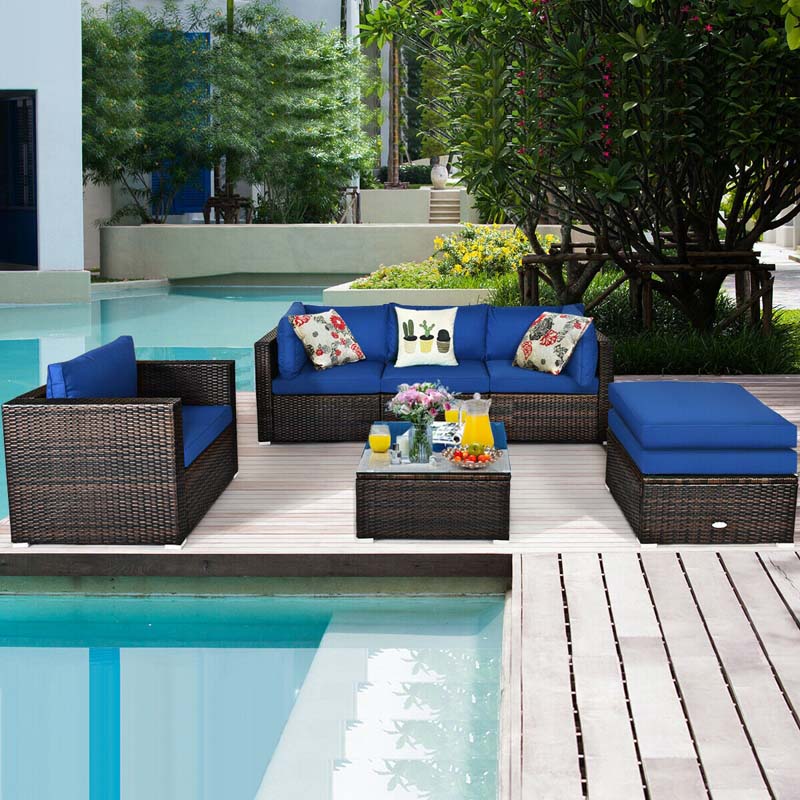 6 Pcs Patio Rattan Sectional Furniture Set Outdoor Conversation Sofa Set with Cushions