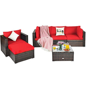 6 Pcs Patio Rattan Sectional Furniture Set Outdoor Conversation Sofa Set with Cushions