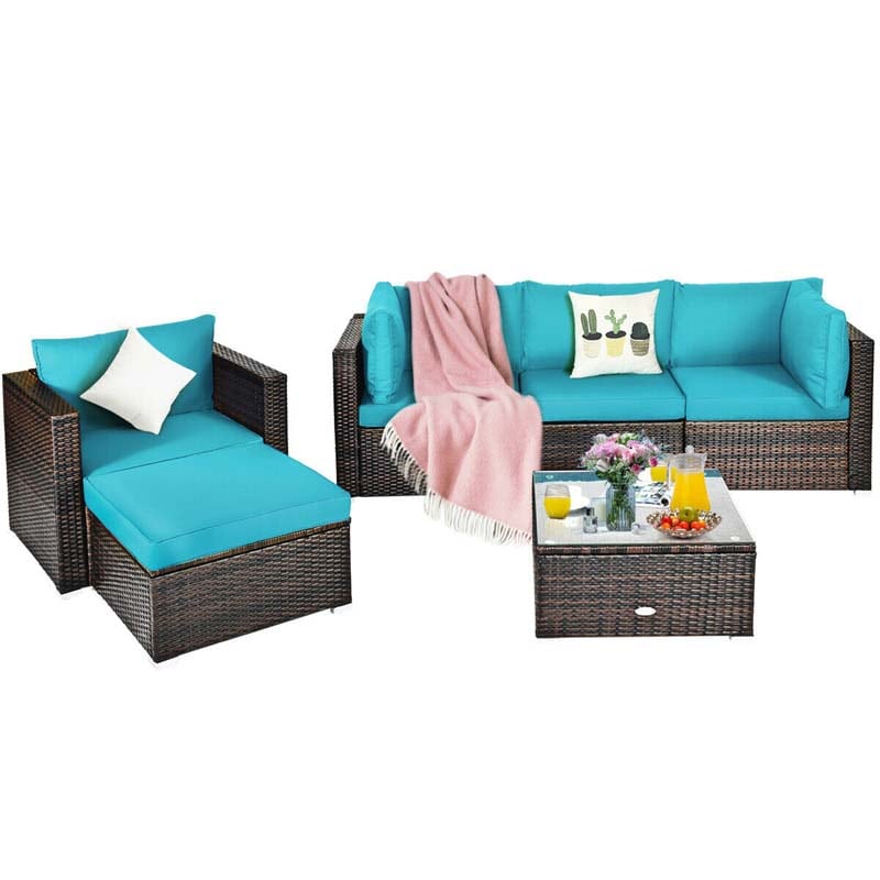 6 Pcs Patio Rattan Sectional Furniture Set Outdoor Conversation Sofa Set with Cushions