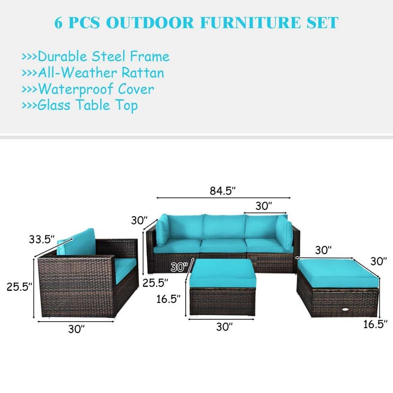 6 Pcs Patio Rattan Sectional Furniture Set Outdoor Conversation Sofa Set with Cushions