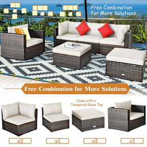 6 Pcs Patio Rattan Sectional Furniture Set Outdoor Conversation Sofa Set with Cushions