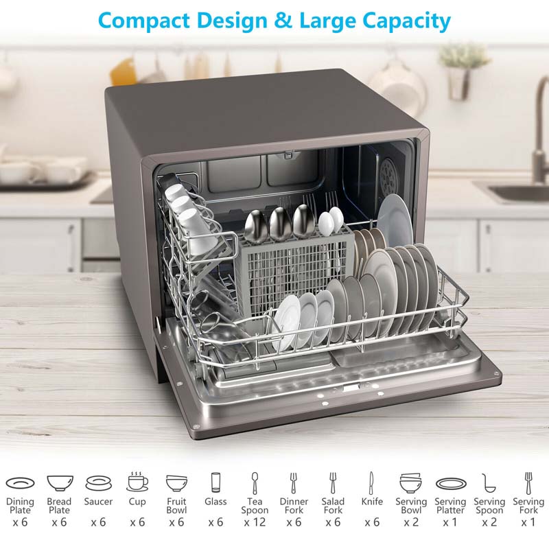 Tabletop Dishwasher, Countertop Compact Dishwasher w/5 Washing Programs for  Small Apartments, Dorms and RVs Compact Dish Washing Glass Door Each Dish