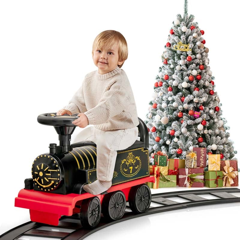 6V Kids Ride on Train with Tracks & 6 Wheels, Battery Powered Electric Ride On Toy with Lights & Music