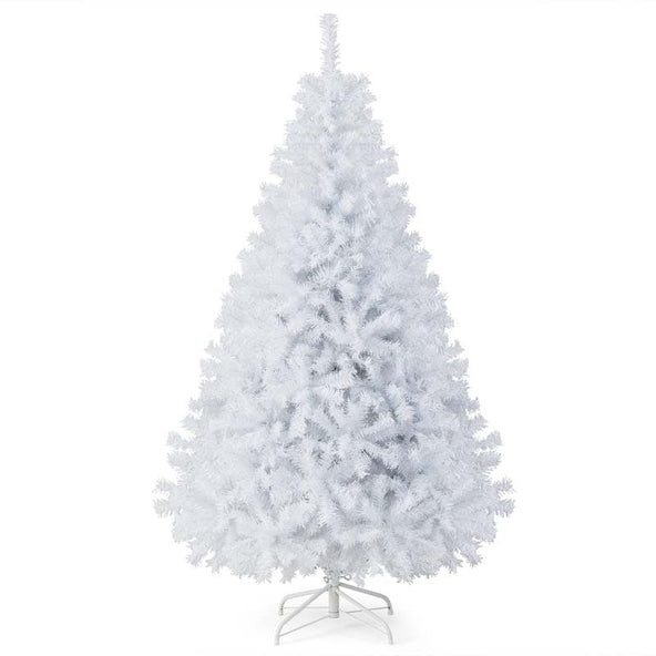 6/7.5/9FT White Hinged Artificial Christmas Tree, Premium Unlit Spruce Full Tree with Metal Stand