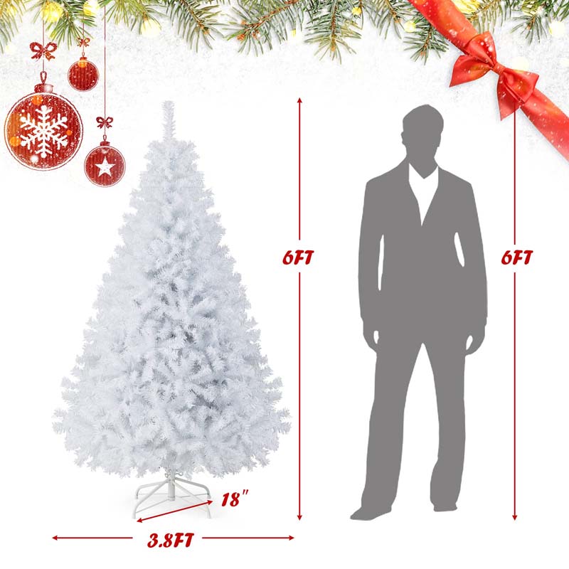 6/7.5/9FT White Hinged Artificial Christmas Tree, Premium Unlit Spruce Full Tree with Metal Stand