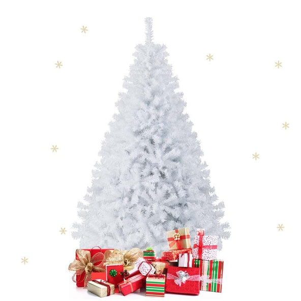 6/7.5/9FT White Hinged Artificial Christmas Tree, Premium Unlit Spruce Full Tree with Metal Stand