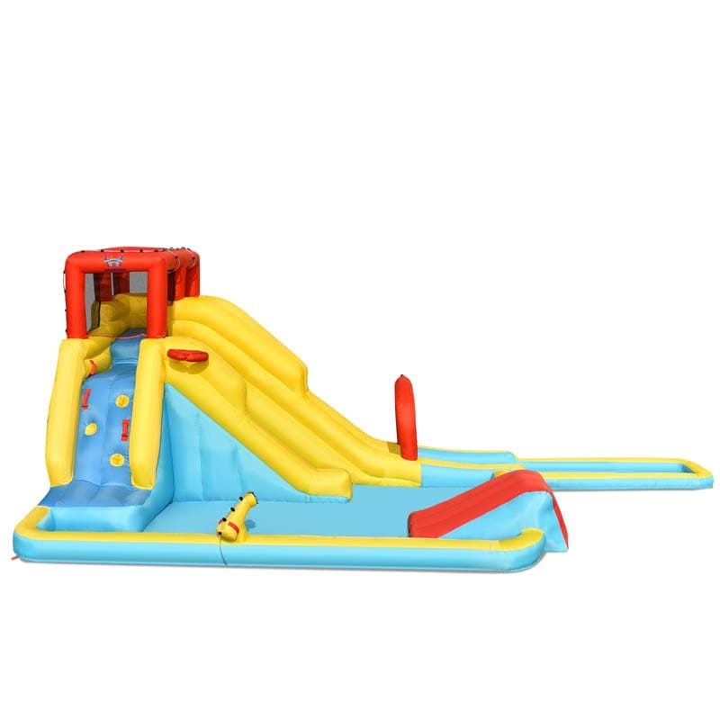 7 in 1 Dual Slide Water Park Bouncy Castle Inflatable Bounce House with Climbing Wall, Splash Pool, Basketball Rim, Water Gun & Sprinker