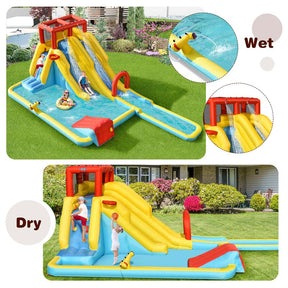 7 in 1 Dual Slide Water Park Bouncy Castle Inflatable Bounce House with Climbing Wall, Splash Pool, Basketball Rim, Water Gun & Sprinker