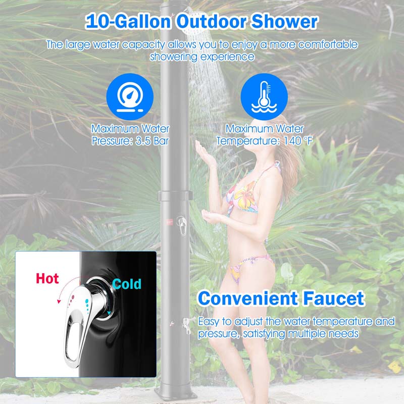 7.2 FT 10 Gallon Solar-Heated Outdoor Shower, 360° Swivel Shower Head Freestanding Shower for Poolside Beach