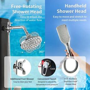 7.2 FT 9.3 Gal Solar Heated Shower with Handheld Shower Head, 2-Section Outdoor Shower for Poolside Beach Spa