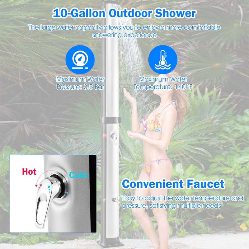 7.2 FT 10 Gallon Solar-Heated Outdoor Shower, 360° Swivel Shower Head Freestanding Shower for Poolside Beach