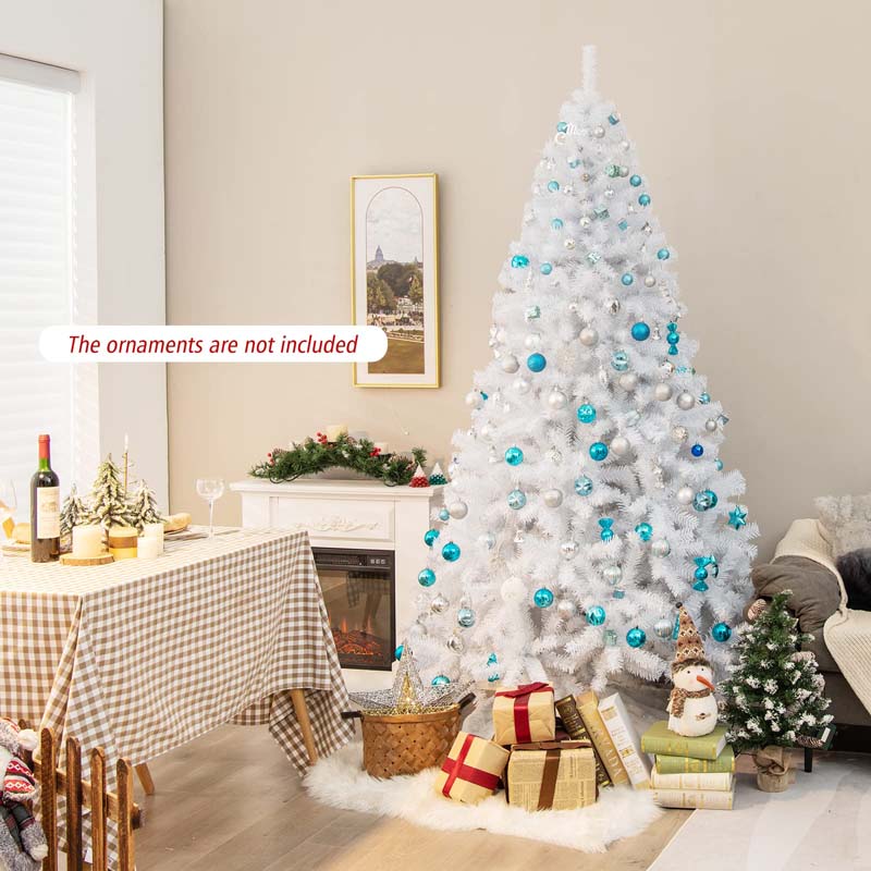 6/7.5/9FT White Hinged Artificial Christmas Tree, Premium Unlit Spruce Full Tree with Metal Stand