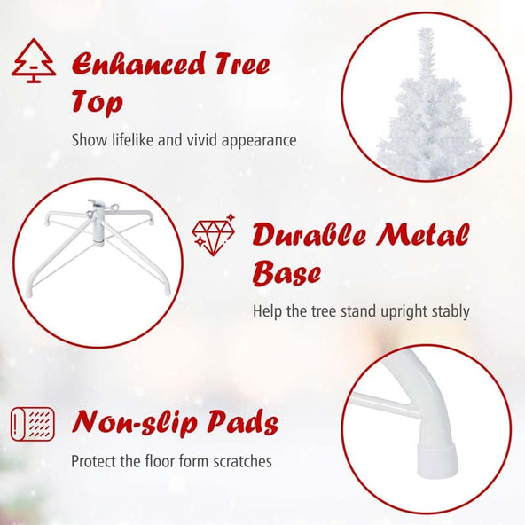 6/7.5/9FT White Hinged Artificial Christmas Tree, Premium Unlit Spruce Full Tree with Metal Stand