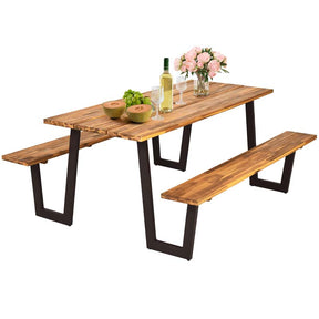 70" Patented Picnic Table Bench Set with Umbrella Hole, Acacia Wood Outdoor Dining Table Bench Set
