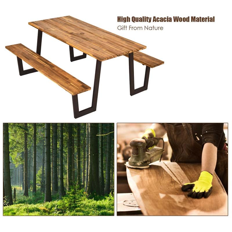 70" Patented Picnic Table Bench Set with Umbrella Hole, Acacia Wood Outdoor Dining Table Bench Set