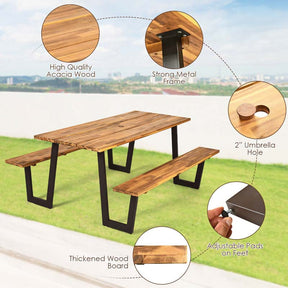 Canada Only - 70" Dining Table Bench Set with Umbrella Hole & Wooden Metal Frame