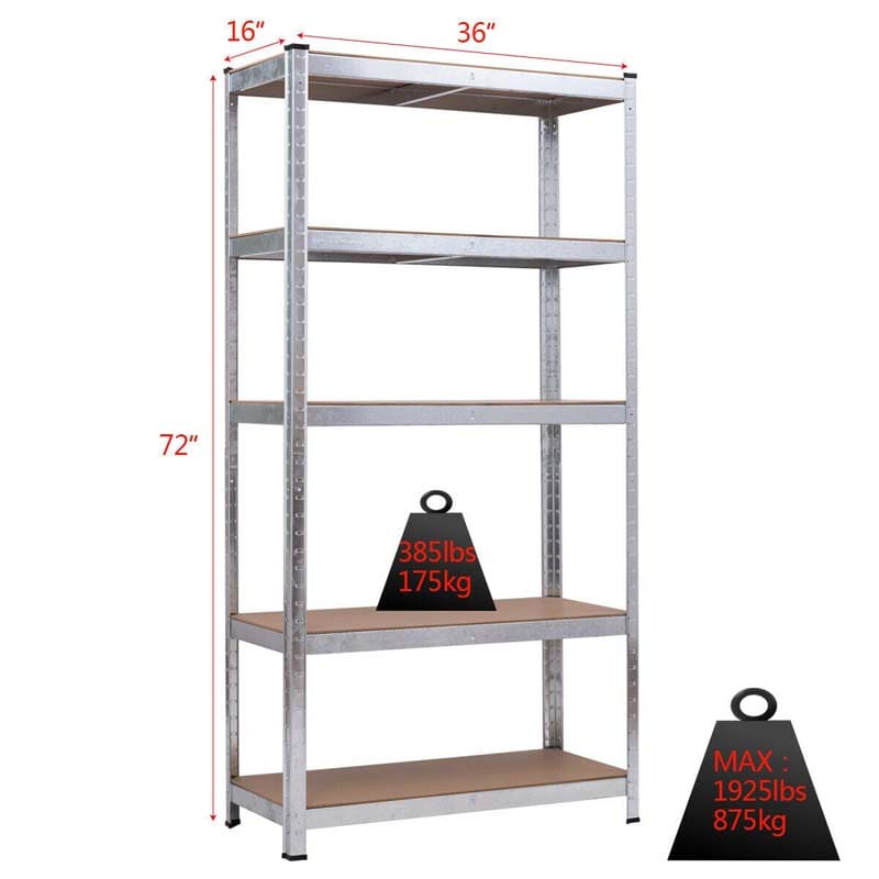 72" x 16" x 36" 5-Tier Storage Shelves Garage Shelving Units Adjustable Tool Utility Shelves Metal Storage Racks