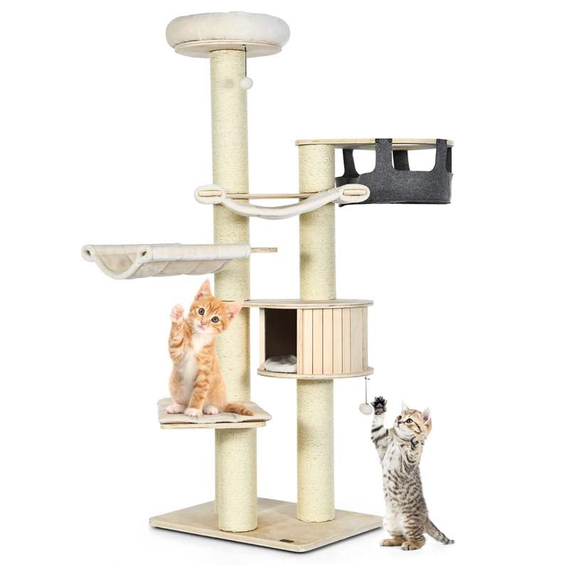 78" Tall Cat Tree with Sisal Posts, Wooden Large Cat Tower Condo, Modern Multi-Level Kitten Activity Tree