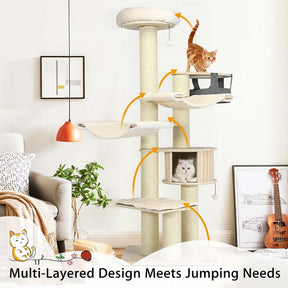 78" Tall Cat Tree with Sisal Posts, Wooden Large Cat Tower Condo, Modern Multi-Level Kitten Activity Tree