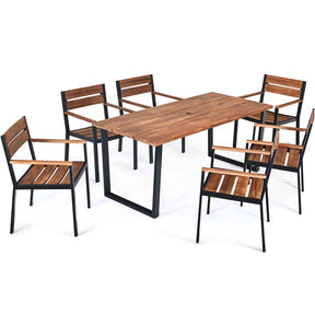 7 Pcs Patented Patio Dining Set with Umbrella Hole & Acacia Wood Top, Outdoor Dining Table Set for Backyard Garden