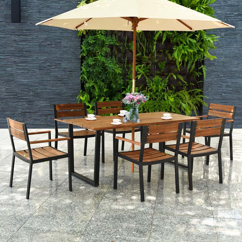 7 Pcs Patented Patio Dining Set with Umbrella Hole & Acacia Wood Top, Outdoor Dining Table Set for Backyard Garden