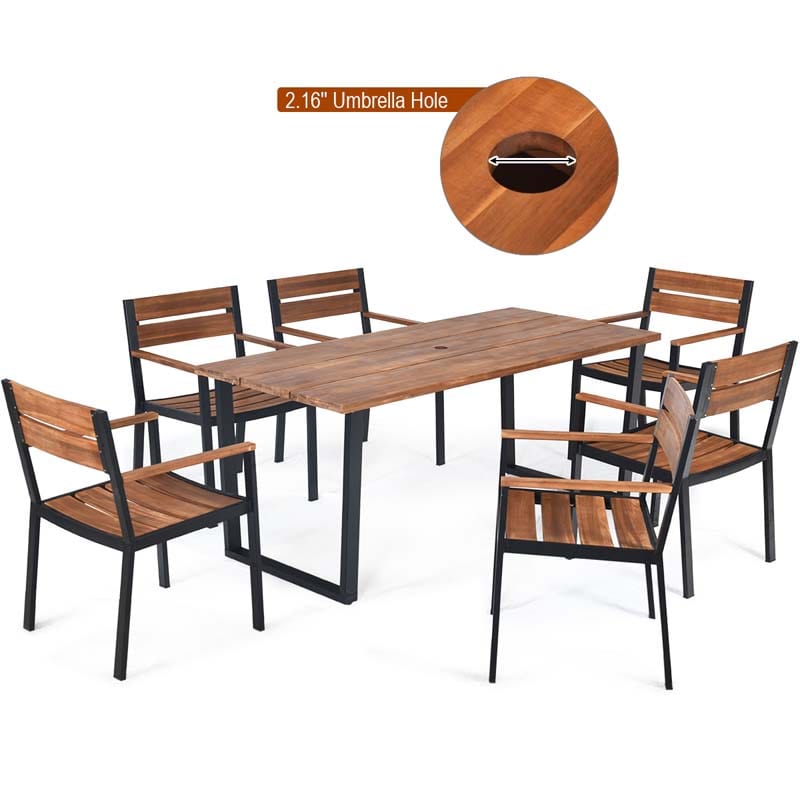 7 Pcs Patented Patio Dining Set with Umbrella Hole & Acacia Wood Top, Outdoor Dining Table Set for Backyard Garden