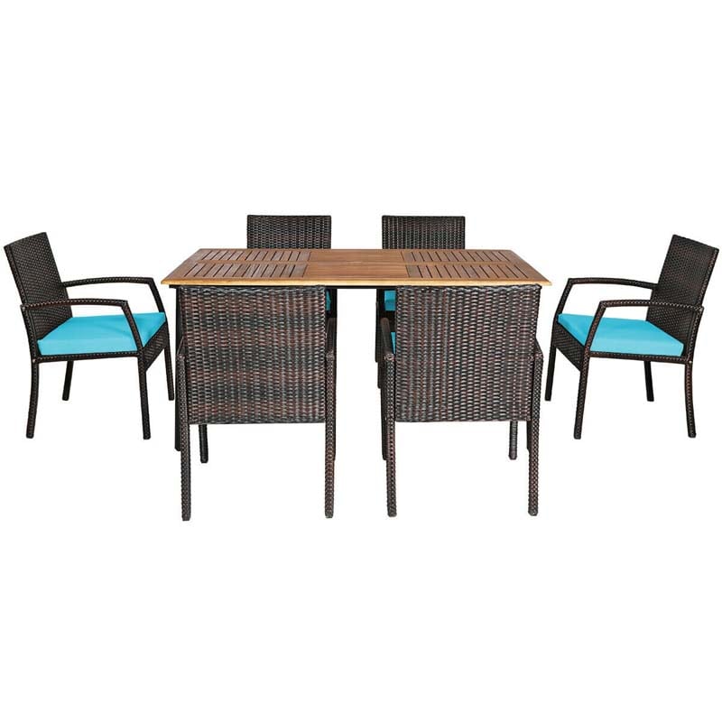 7 Pcs Rattan Patio Dining Set with Umbrella Hole, Acacia Wood Tabletop, Cushioned Chairs