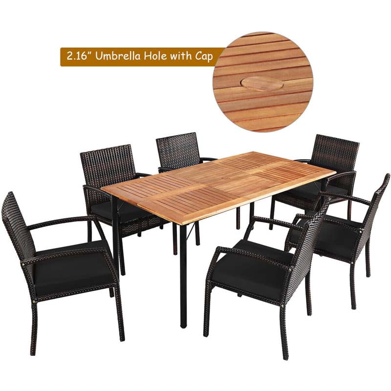 7 Pcs Rattan Patio Dining Set with Umbrella Hole, Acacia Wood Tabletop, Cushioned Chairs