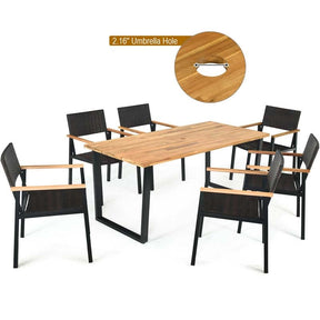 7 Pcs Rattan Patio Dining Set with 2.16'' Umbrella Hole, Acacia Wood Tabletop, Wicker Armchairs