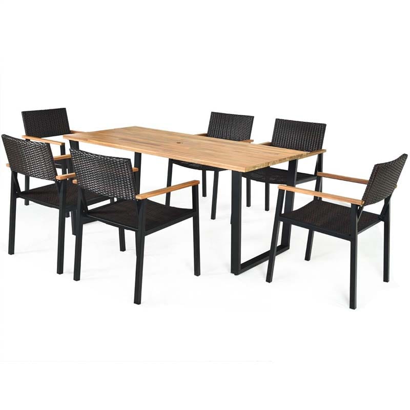 Canada Only - 7 Pcs Rattan Patio Dining Furniture Table Set with Wicker Chairs