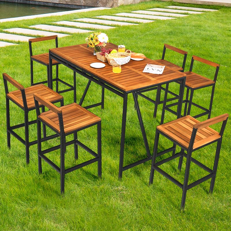 7 Pcs Acacia Wood Rattan Wicker Outdoor Patio Bar Set Dining Table Set with 1.9'' Umbrella Hole & 6 Bar Stools