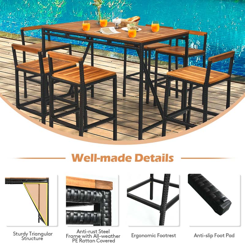 7 Pcs Acacia Wood Rattan Wicker Outdoor Patio Bar Set Dining Table Set with 1.9'' Umbrella Hole & 6 Bar Stools