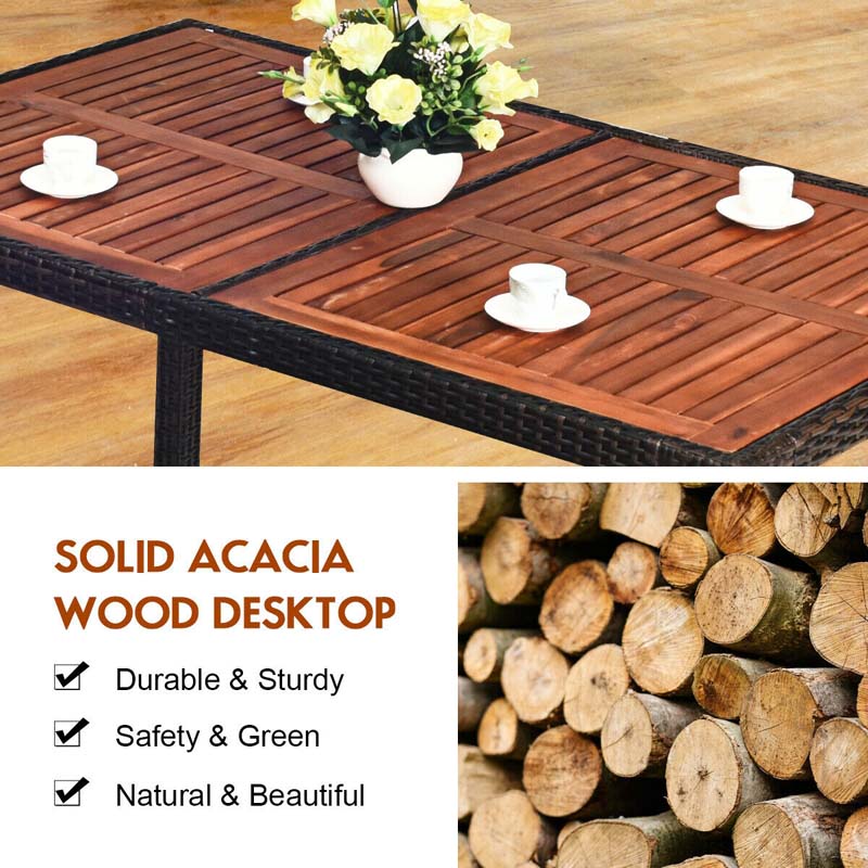 7 Pcs Rattan Outdoor Dining Set with Acacia Wood Tabletop & 6 Stackable Cushioned Armchairs