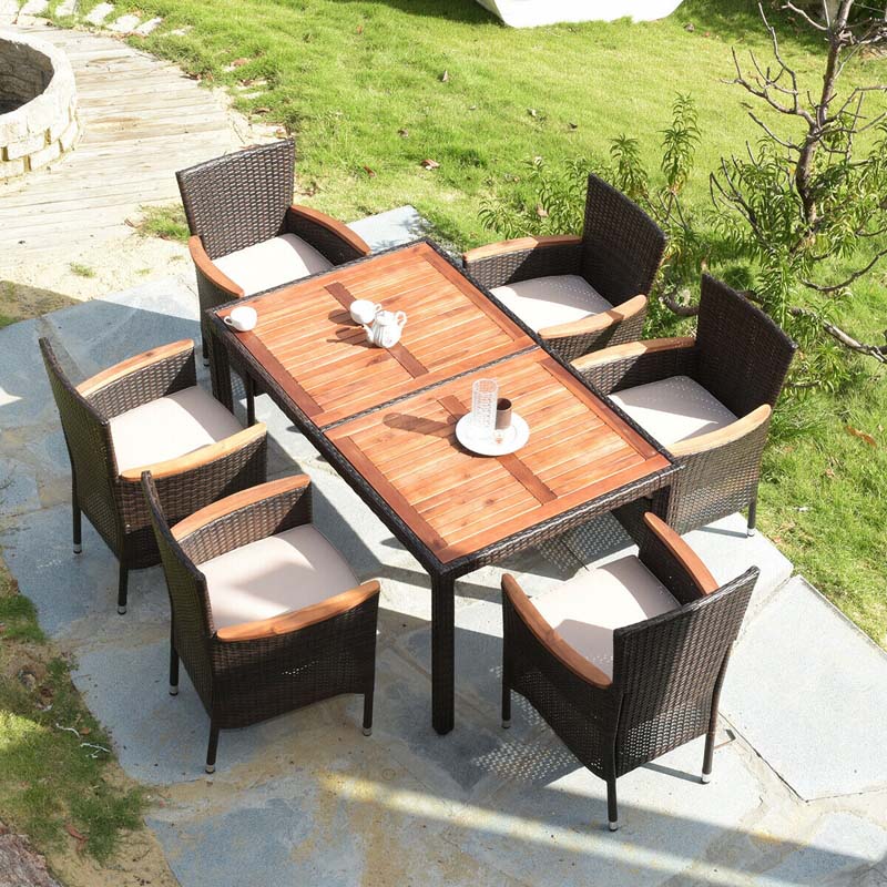 Canada Only - 7 Pcs Rattan Patio Dining Set with Wood Tabletop & Cushioned Stackable Chairs