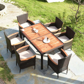 7 Pcs Rattan Outdoor Dining Set with Acacia Wood Tabletop & 6 Stackable Cushioned Armchairs