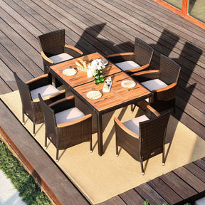 Canada Only - 7 Pcs Rattan Patio Dining Set with Wood Tabletop & Cushioned Stackable Chairs