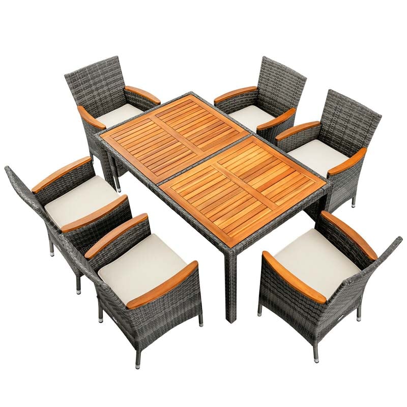 7 Pcs Rattan Wicker Outdoor Patio Dining Furniture Set with Acacia Wood Table & 6 Cushioned Armchairs