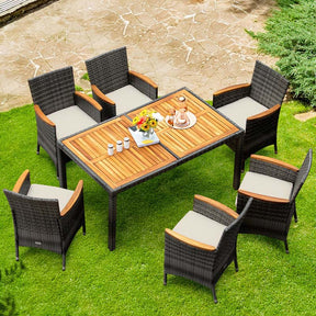 7 Pcs Rattan Wicker Outdoor Patio Dining Furniture Set with Acacia Wood Table & 6 Cushioned Armchairs
