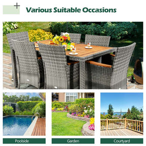 7 Pcs Rattan Wicker Outdoor Patio Dining Furniture Set with Acacia Wood Table & 6 Cushioned Armchairs