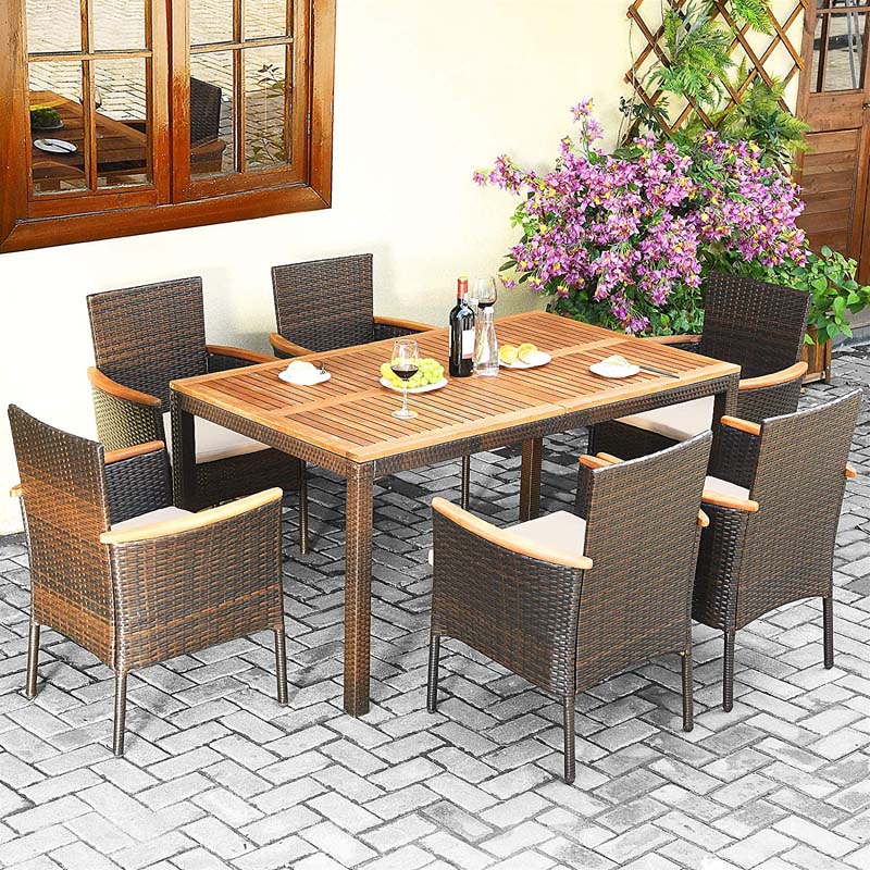 7 Pcs Rattan Patio Dining Set with Umbrella Hole, Acacia Wood Tabletop & Cushioned Stackable Armchairs
